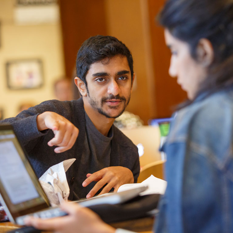 Mentor pointing and explaining content on laptop screen to mentee.